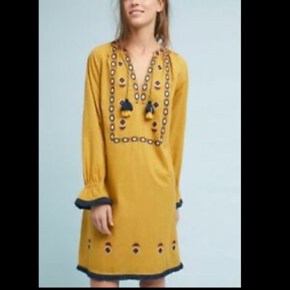 Anthropologie R Ya Jacinta Embroidered Tassel Fringe Dress NWT